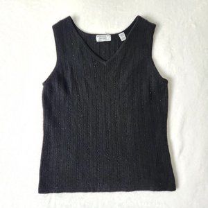 Vintage 90s Black Cashmere Sweater Vest Beaded Cable Knit Lord & Taylor‎ Large